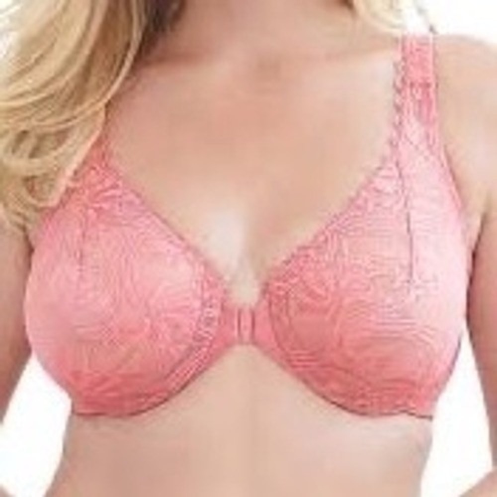 Glamorise WonderWire Front Close Stretch Lace Underwire Bra 32DD Pink Support